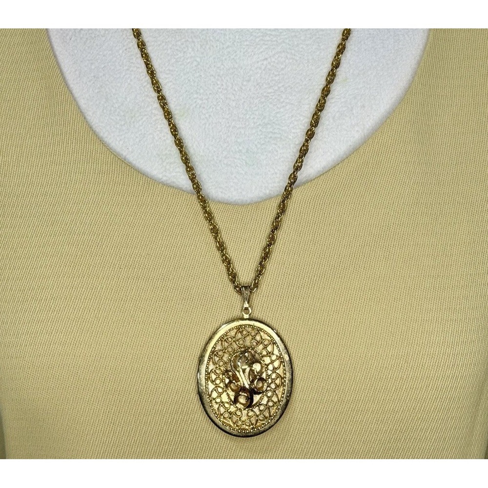 Vintage Locket Pendant Necklace Rope Chain Filigree Monogram Gold Tone 70s